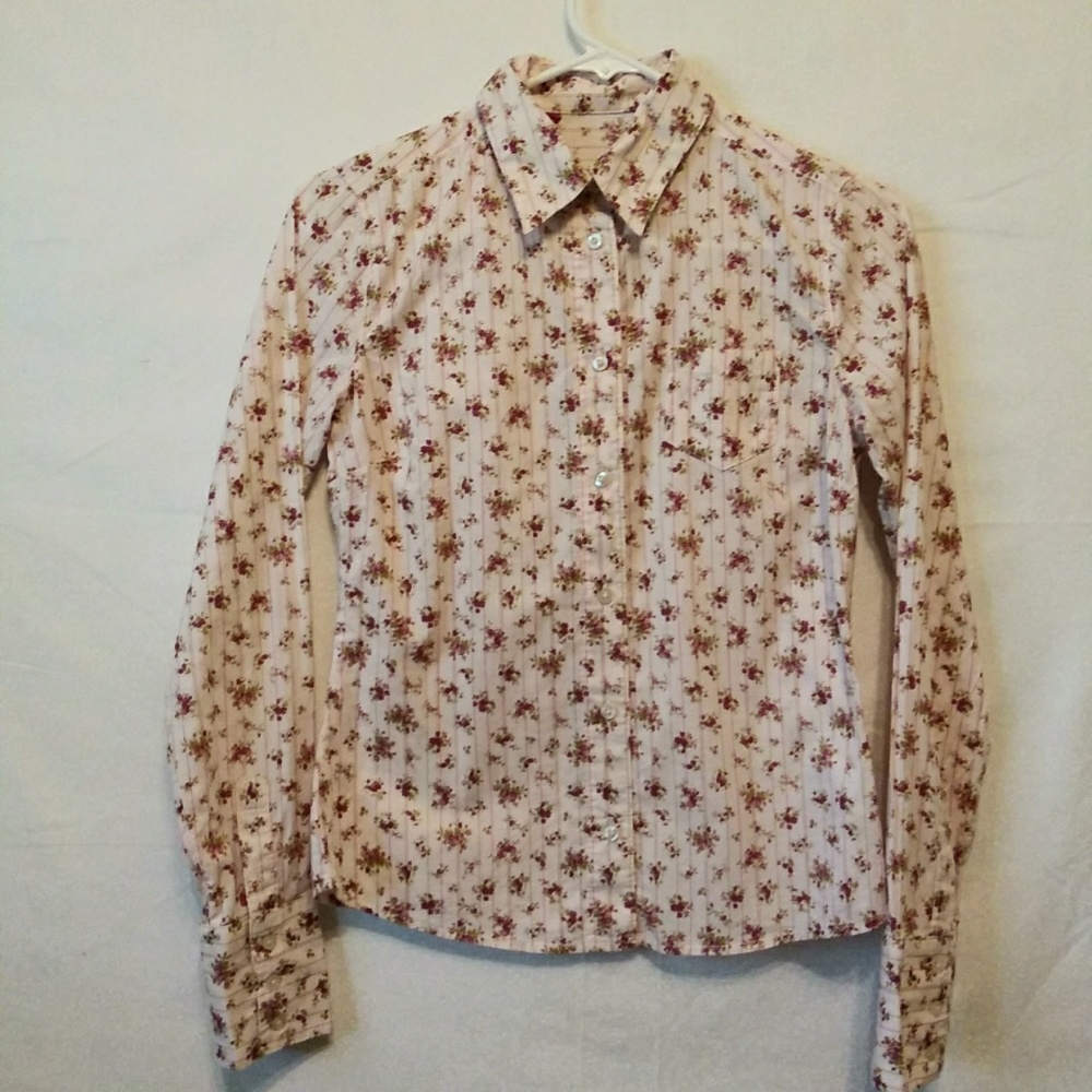 Pink button down top with pinstripes and flowers